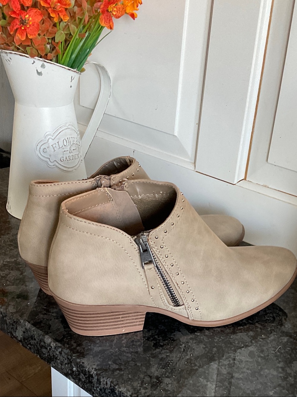 Soda Beige Suede Ankle Booties with Side Zip - Picture 2 of 5